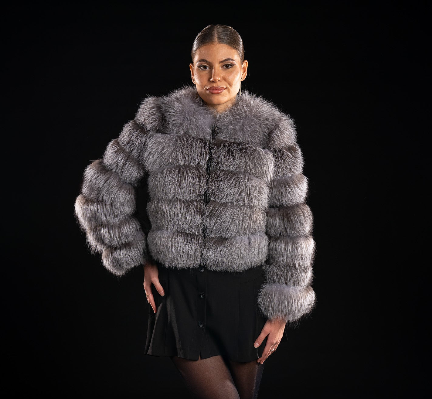 HAINA DIN BLANA NATURALA DE VULPE ARGINTIE CU MANECA 3/4, FROST 012