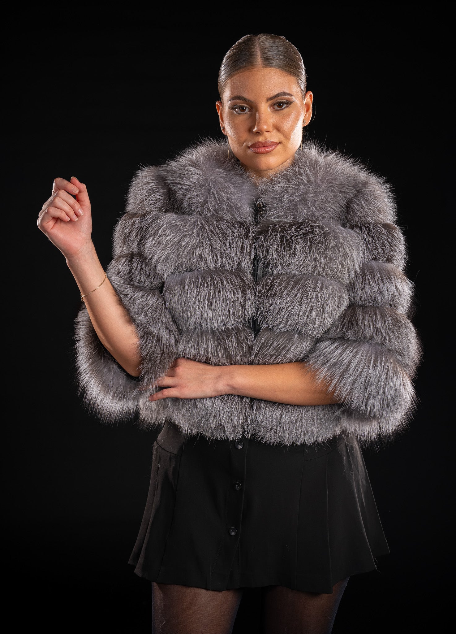 HAINA DIN BLANA NATURALA DE VULPE ARGINTIE CU MANECA 3/4, FROST 012