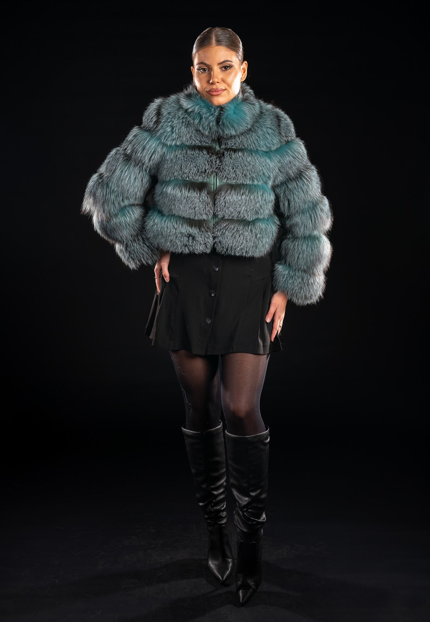 HAINA DIN BLANA NATURALA DE VULPE ARGINTIE GULER TUNICA, FROSTGREEN 018