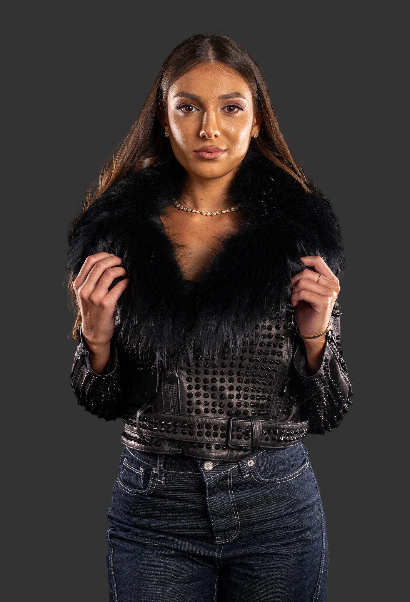 JACHETA DIN PIELE NATURALA CU TINTE SI GULER DE BLANA, NEGRU 207