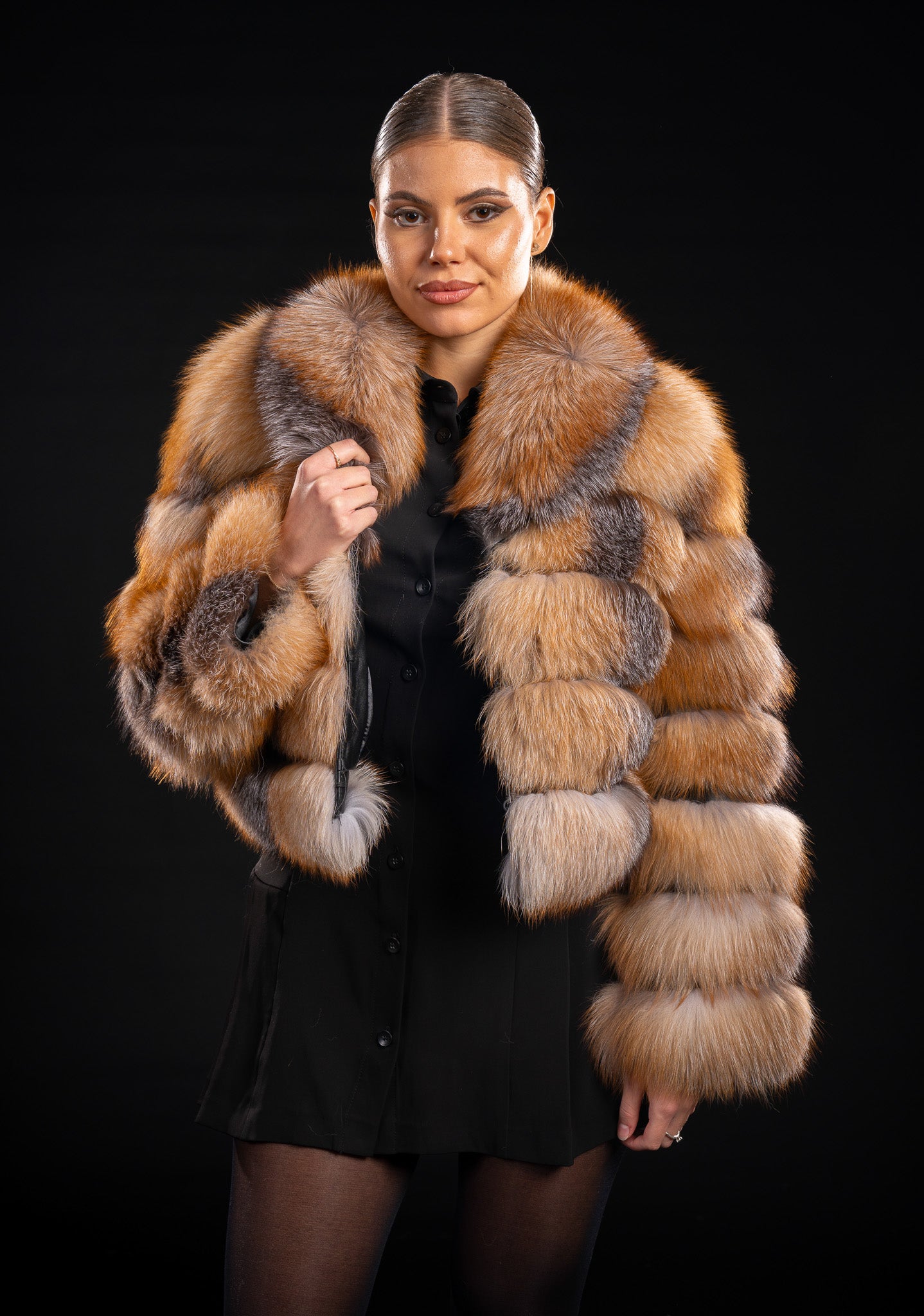 HAINA DIN BLANA DE VULPE NATURALA CANADIANA, GULER REVER, 5 RANDURI