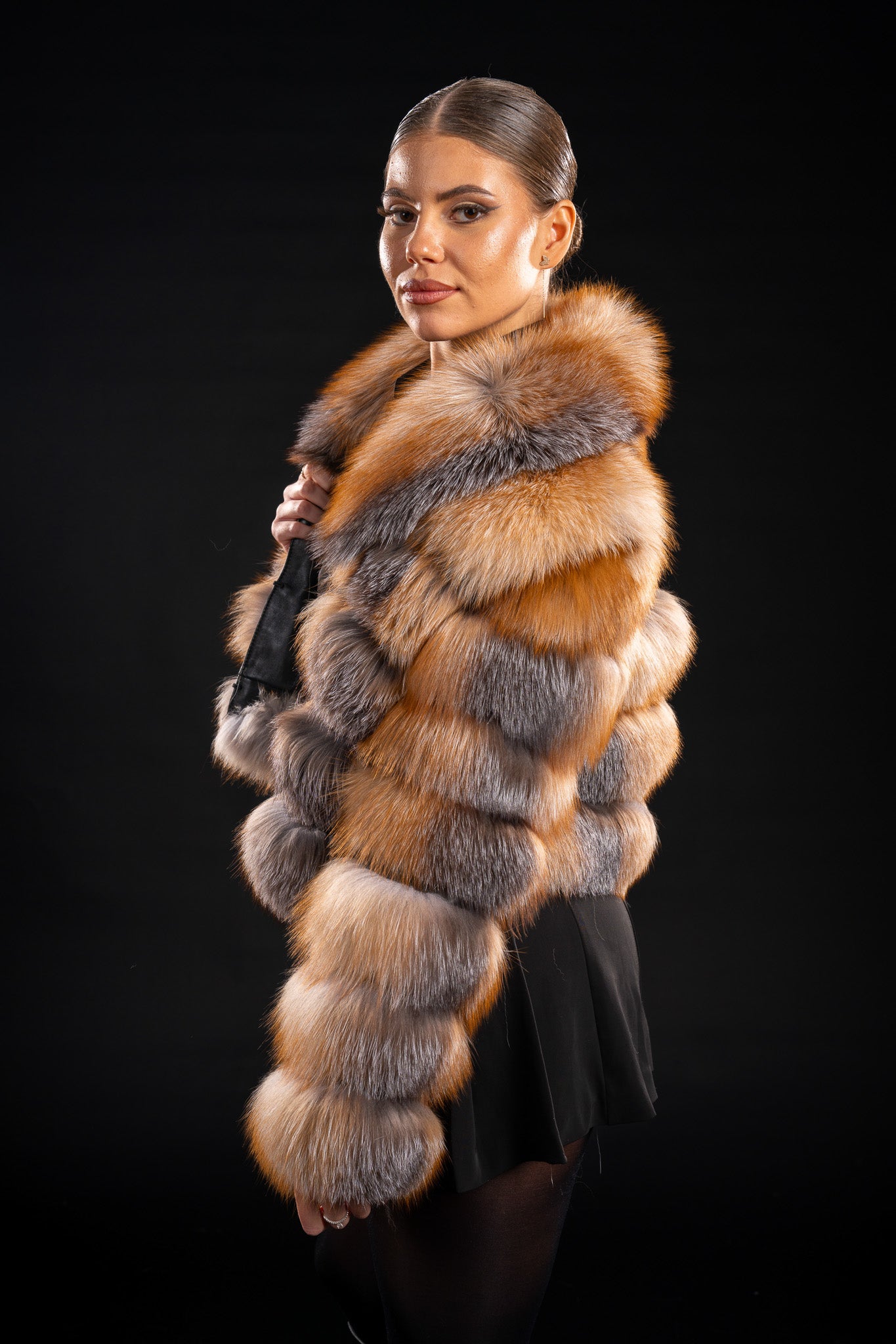 HAINA DIN BLANA DE VULPE NATURALA CANADIANA, GULER REVER, 5 RANDURI