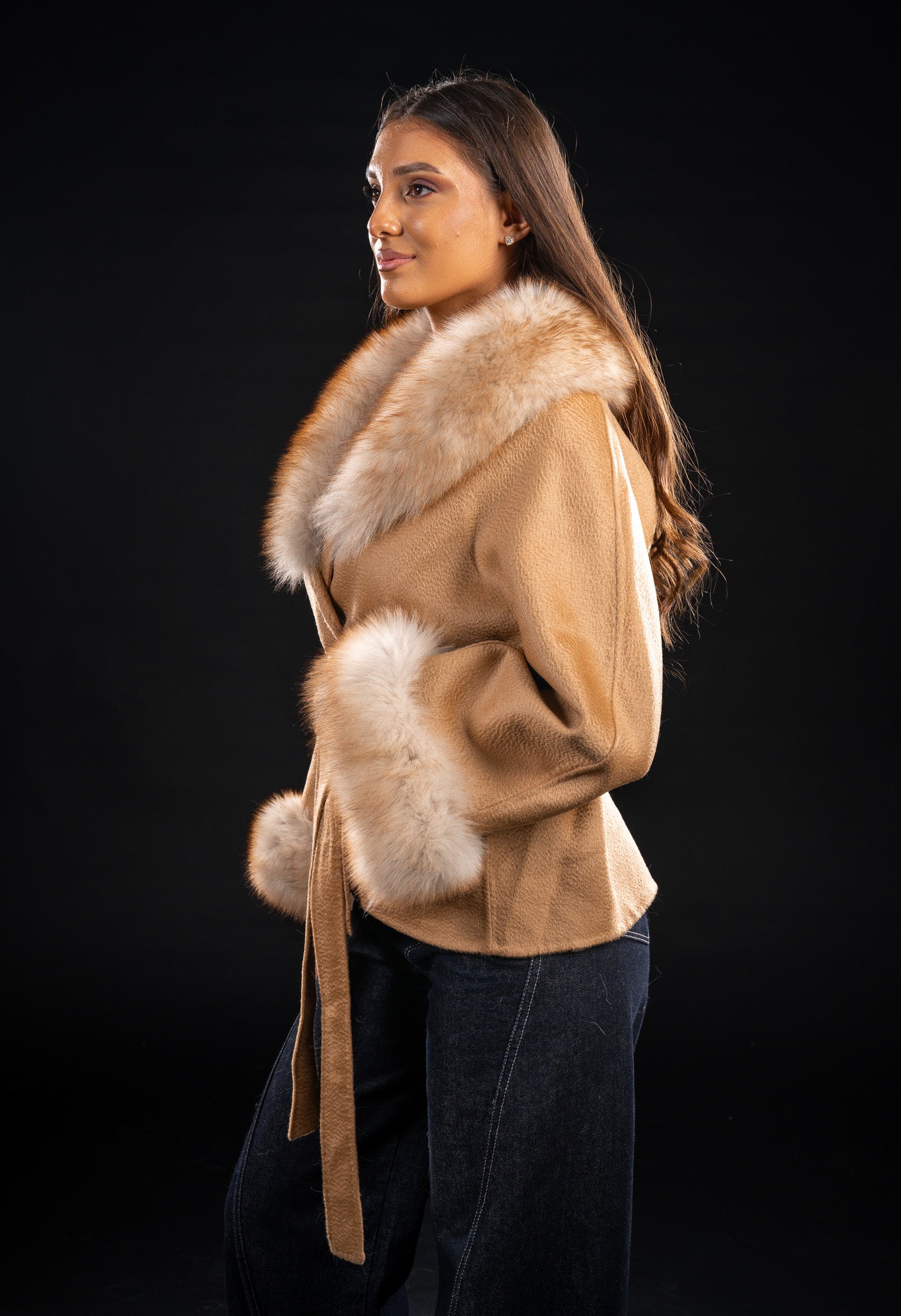 Palton cashmere cu vulpe Cappuccino